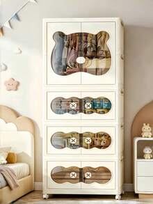 Foldable Wardrobe,Storage Cabinet With Hanging Area & Multi-Layer Drawers,Seasonal Clothes Storage, 70CM Large Capacity Cute Bear Design Closet Organizer For Chlidren Room, Bedroom Nursery Space Saving Storage For Clothes Toys Daily Sundries - Beige - View 5