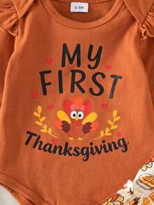 2pcs Baby Girl Cute Turkey Pattern Long Sleeve Bodysuit, Shorts, Socks, Headband Set, Thin Spring/Autumn Holiday - Mocha Brown - View 6