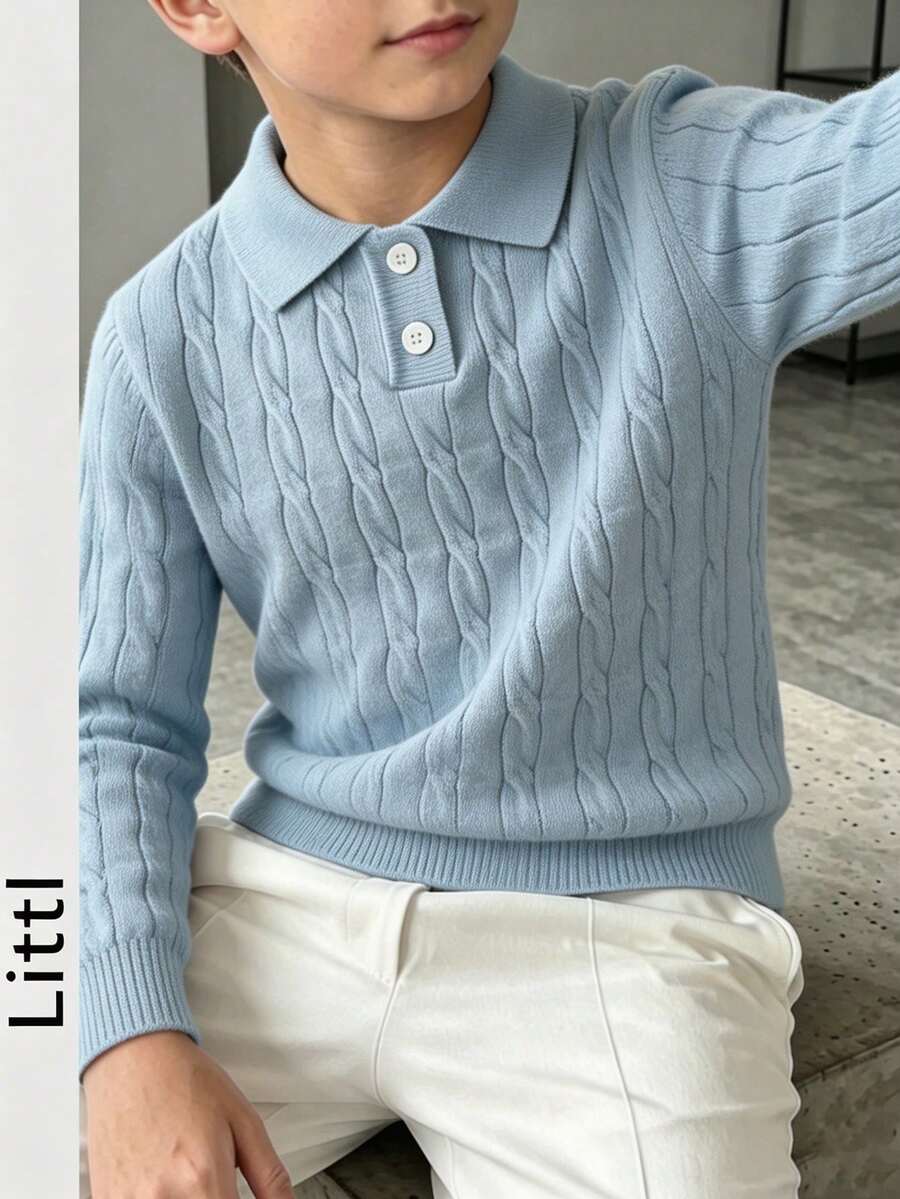 Boys 8-14Y Fall Winter Cable Knit Polo Sweater, Long Sleeve Button Collar Pullover, Loose Warm Basic Casual Knit Top For Daily Wear - Baby Blue - View 1