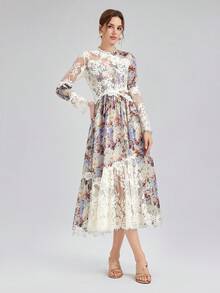Rich Radi Q's 花卉印花優雅蕾絲拼接洋裝，適合晚宴約會、婚禮、度假，四季皆宜 - 杏色 - 查看 1