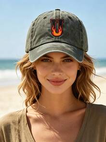 1 Pc Vintage Washed Distressed Baseball Cap, A-Z Flame Letter Embroidered Dad Hat, Adjustable Casual Sun Hat For Men Women Street Outdoor Daily Wear - Grey - View 3