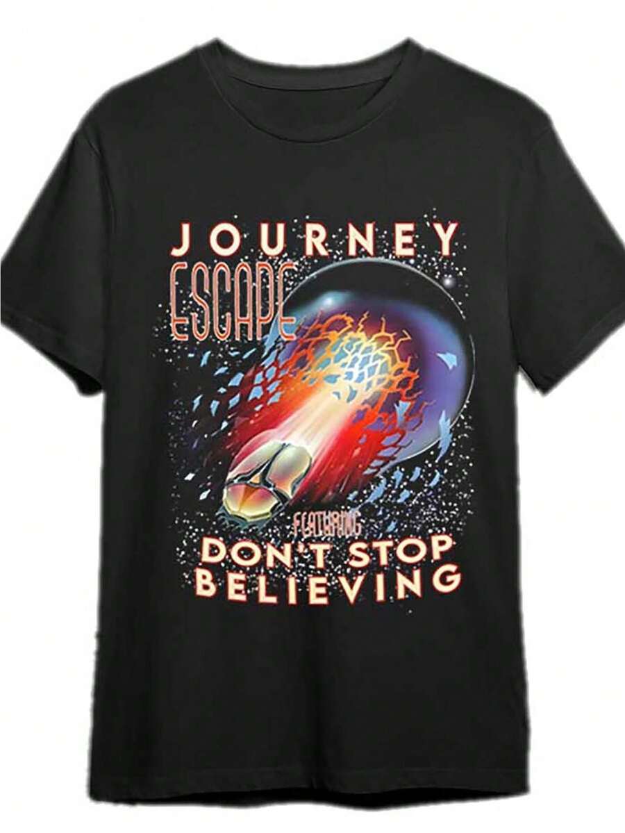 Outdoor Men'S T-Shirt, Comfortable And Breathable, Don't Stop Believing In T-Shirts For Journeys Fun Men'S Short Sleeve Printed T-Shirt, Versatile - Black - View 1