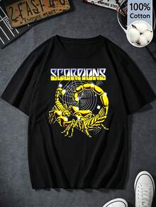 Women's Black Short-Sleeve Cotton T-Shirt, Y2K Retro Style, With Gold Scorpion And Target Sphere Graphic, Hard Rock Style, Summer Clothing For Fans, - 黑色 - 查看 1