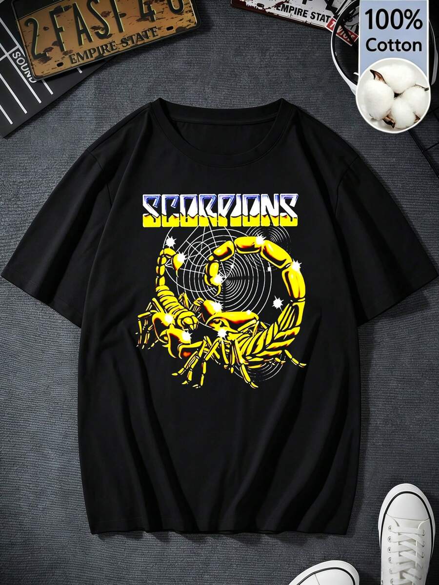 Women's Black Short-Sleeve Cotton T-Shirt, Y2K Retro Style, With Gold Scorpion And Target Sphere Graphic, Hard Rock Style, Summer Clothing For Fans, - 黑色 - 查看 1