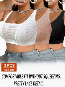 3pcs/Set Bra Kasual Nyaman Minimalis Ukuran Besar Wanita Motif Renda Patchwork Tanpa Kawat Lembut - MultiWarna - View 5