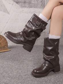 Sepatu Bot Wanita Setengah Betis dengan Detail Kerut, Hiasan Gesper, Hak Tebal, dan Sol Tebal, Sepatu Bot Berkuda Gaya Barat Klasik - Coklat - View 6