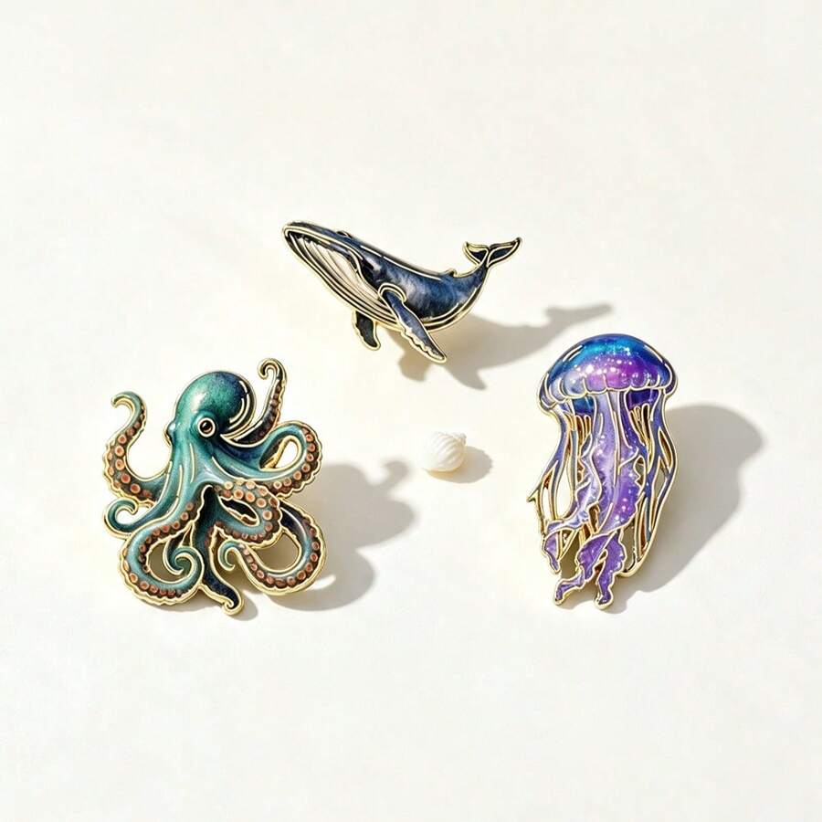 Ocean Element Brooch 2D Jellyfish, Whale, Octopus Pin Fashion Clothing Accessory Small Gift For Family And Friends - Multicolor - View 1