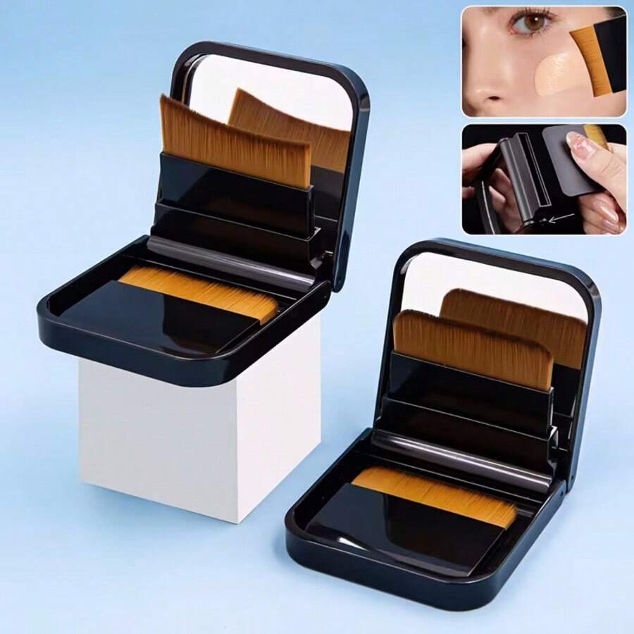 Ultra-Thin Foundation Brush Set Featuring Two Brushes And A Storage Case With A Built-In Mirror. Suitable For Liquid Foundation And Concealer, These Travel-Friendly Tools Help Create A Long-Lasting Finish-An Ideal Essential For Travel And Parties.