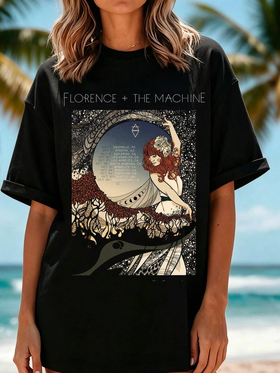 Artistic Retro-Print T-Shirt, Comfortable For Concert And Festival Outfits - 黑色 - 查看 1