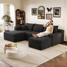 L Shape Sofa Black Fabric 241cm For Living Room - 黑色 4 座 - 查看 1