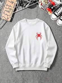 Autumn Men's Thin T-Shirt T-Shirt, Red Spider Print On Front And Back, Long Sleeve, Y2K Style - White - View 3