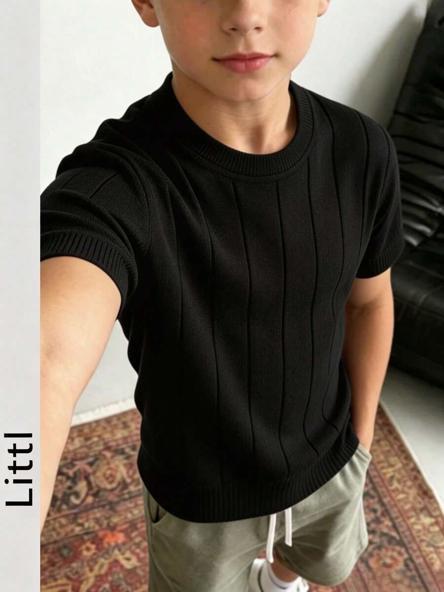 Boys' Teen Student Casual Solid Color Crew Neck Pullover Ribbed Knit Short Sleeve T-Shirt Spring Summer Top - Black - View 1