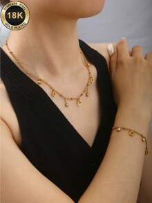TONSI 1pc Fashionable Luxury Old Money Style Niche Exquisite High-End 18K Gold Plated Stainless Steel Geometric Pattern Hollow Pendant Four-Leaf Clover Zirconia Necklace Bracelet, Low-Allergy Versatile Collarbone Chain, Suitable For Women's Daily, Commute, Birthday, Party Wear, Gift For Friends And Lovers - Gold - View 1