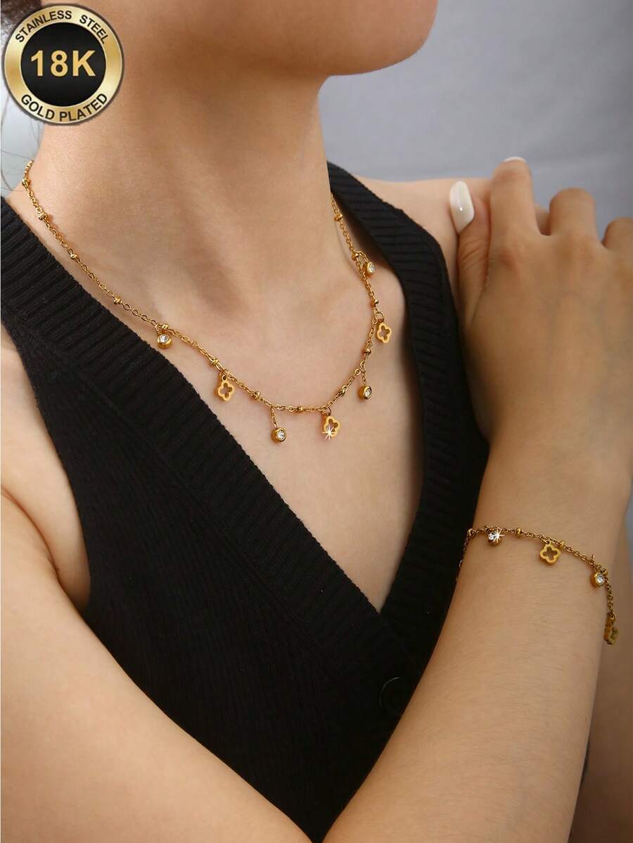 TONSI 1pc Fashionable Luxury Old Money Style Niche Exquisite High-End 18K Gold Plated Stainless Steel Geometric Pattern Hollow Pendant Four-Leaf Clover Zirconia Necklace Bracelet, Low-Allergy Versatile Collarbone Chain, Suitable For Women's Daily, Commute, Birthday, Party Wear, Gift For Friends And Lovers - Gold - View 1
