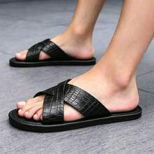 Men's Crocodile Embossed Cross Strap Sandals, Fashion Open Toe Faux Leather Slippers, Non-Slip Soft Sole Casual Outdoor Beach Summer Walking Roman Slides - Black - View 4