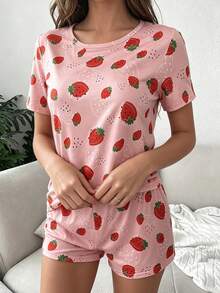 2pcs Strawberry Print T-Shirt Pajama Set, Cute Fruit Print Loungewear For Summer, Suitable For Home Wear - Watermelon Pink - View 2