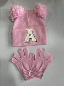 2pcs/Set Kids Fashion A-Z Letter Knit Hat & Gloves Set, Pink, Suitable For Autumn/Winter Daily Casual Wear & Warmth - Pink - View 10
