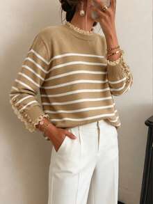 Sweater Rajut Bergaris Kontras Warna untuk Wanita, Cocok untuk Acara Santai/Bangun di Musim Gugur/Dingin, Kerah Renda, Detail Kancing di Manset, Sesuai untuk Acara Makan Siang Santai. - MultiWarna - View 5