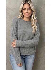 Women's Plus Size Knitwear Pullover Sweater With Drop Shoulder And Round Neck, Long Sleeve Grey Top For Fall And Winter. - Grey - View 6