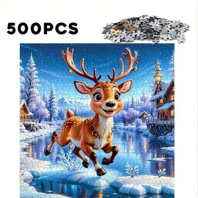 500 Pieces Large Puzzle - Christmas Theme - Running Deer Pattern - Fun Family Education And Relaxation Game - Perfect Home Decor Gift Office Artwork - 50x50cm/19.7x19.7in, Creative Challenge Choice, Ideal Holiday Gift - Suitable For Christmas And New Year Gifts