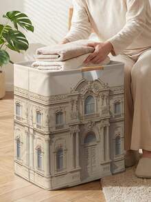 1PC Storage Basket, Laundry Hamper, Laundry Basket, Storage Bucket, House Print Design, Storage Basket With Wooden Handle, Foldable Multi‑Purpose Storage Bin, For Daily Clothes Organization - Multicolor - View 3