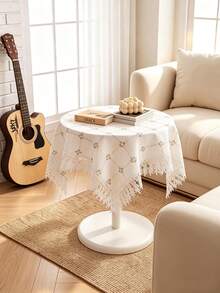 HXARTMIS 1PC White Square Lace Tablecloth, Diamond Embroidery Hollow Out With Tassel Lace Trim Table Cover, Romantic Style Round Coffee Table Side Table Home Decor Tablecloth - White - View 5