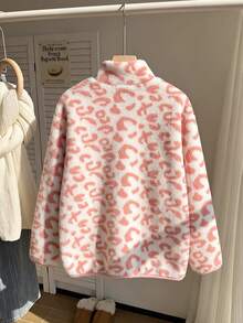 Girls' Casual Pink Leopard Print Fleece Stand Collar Jacket, Autumn/Winter - Pink - View 2