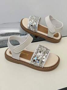 1 Pair Girls' Silver Mixed Color Sequin Glitter Wide Strap Hook & Loop Square Toe Open Toe Flat Sandals, Suitable For Party, Photography And Vacation - Silver - View 9