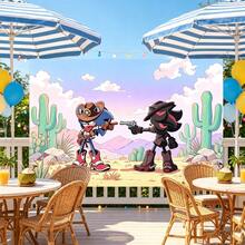 Sonic 西部牛仔決鬥派對背景布，戶外沙漠仙人掌風景攝影背景，男孩遊戲生日派對牆面裝飾 - 彩色 - 查看 2