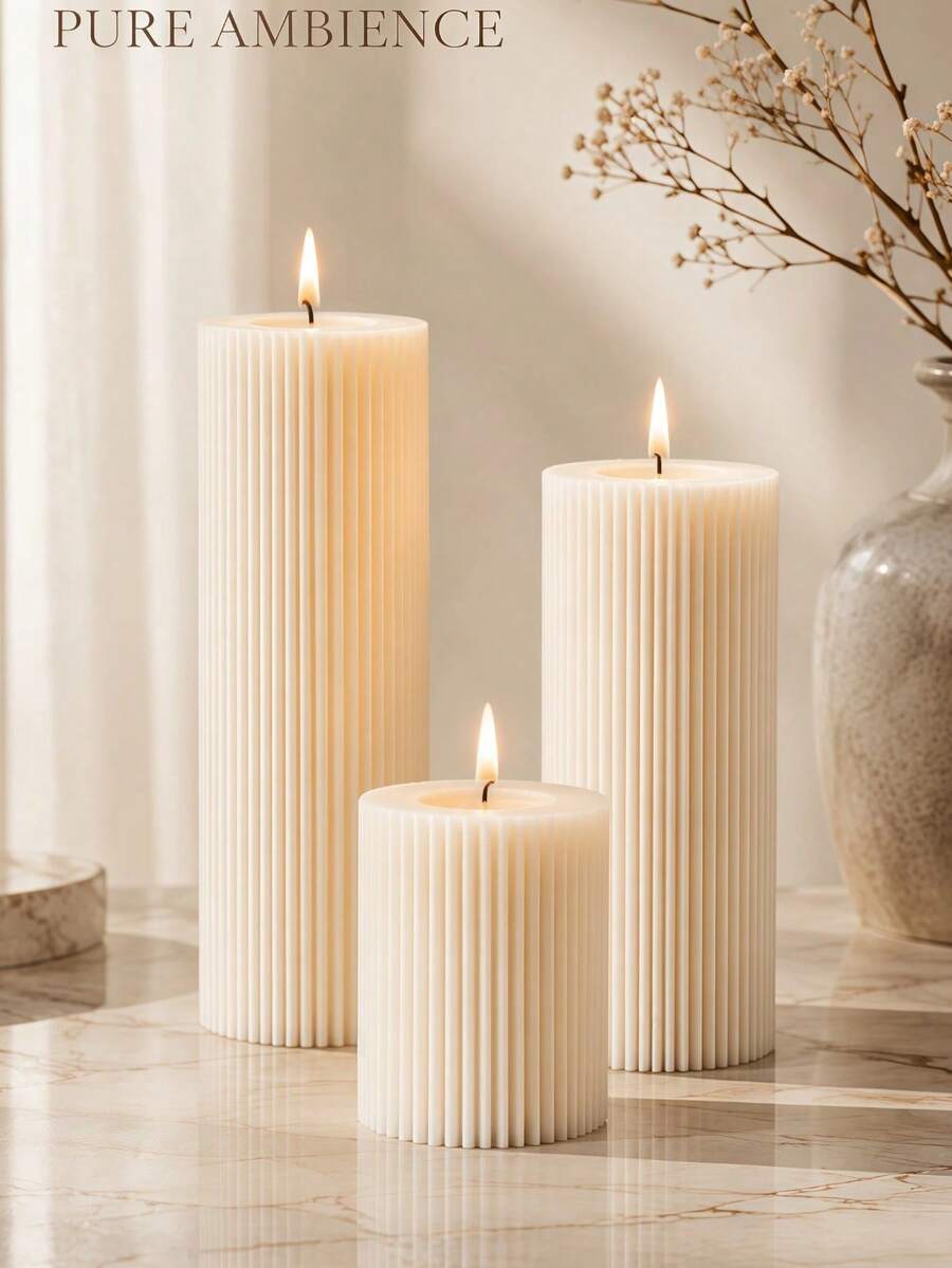 1pc Luxury Style Ivory White Striped Cylindrical Scented Candle, 1.97 Inch Diameter White Fragrance Candle, Suitable For Creating Atmosphere, Photography Props, Tabletop Center Decoration, Great Gift Choice, Gift For Women - Multiple Styles - View 1