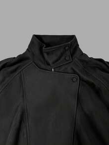 Jaket Motor Pendek Longgar Kancing Asimetris Kerah Tegak Wanita, Menciptakan Gaya Kasual Vintage Keren Warna Hitam - Hitam - View 5