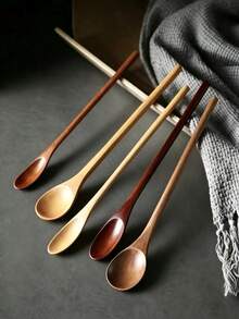 5pcs Long Handle Coffee Spoons, 7.8 Inch Wooden Coffee Spoons, Long Handle Stirring Spoons, Tea Spoons, Ice Cream Spoons, Unique Style Long Handle Spoons, Premium Wood, Long Spoons For Stirring, Suitable For Weddings, Gift Baskets - Multicolor - View 7