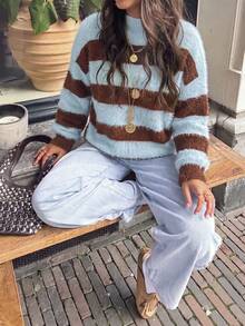 Women Fall Winter Sweater New Style -Basic Tops - CasualFashion Versatile -Colorful StripedContrast CollarLoose Long SleeveKnit Top - Going Out Tops - Multicolor - View 9