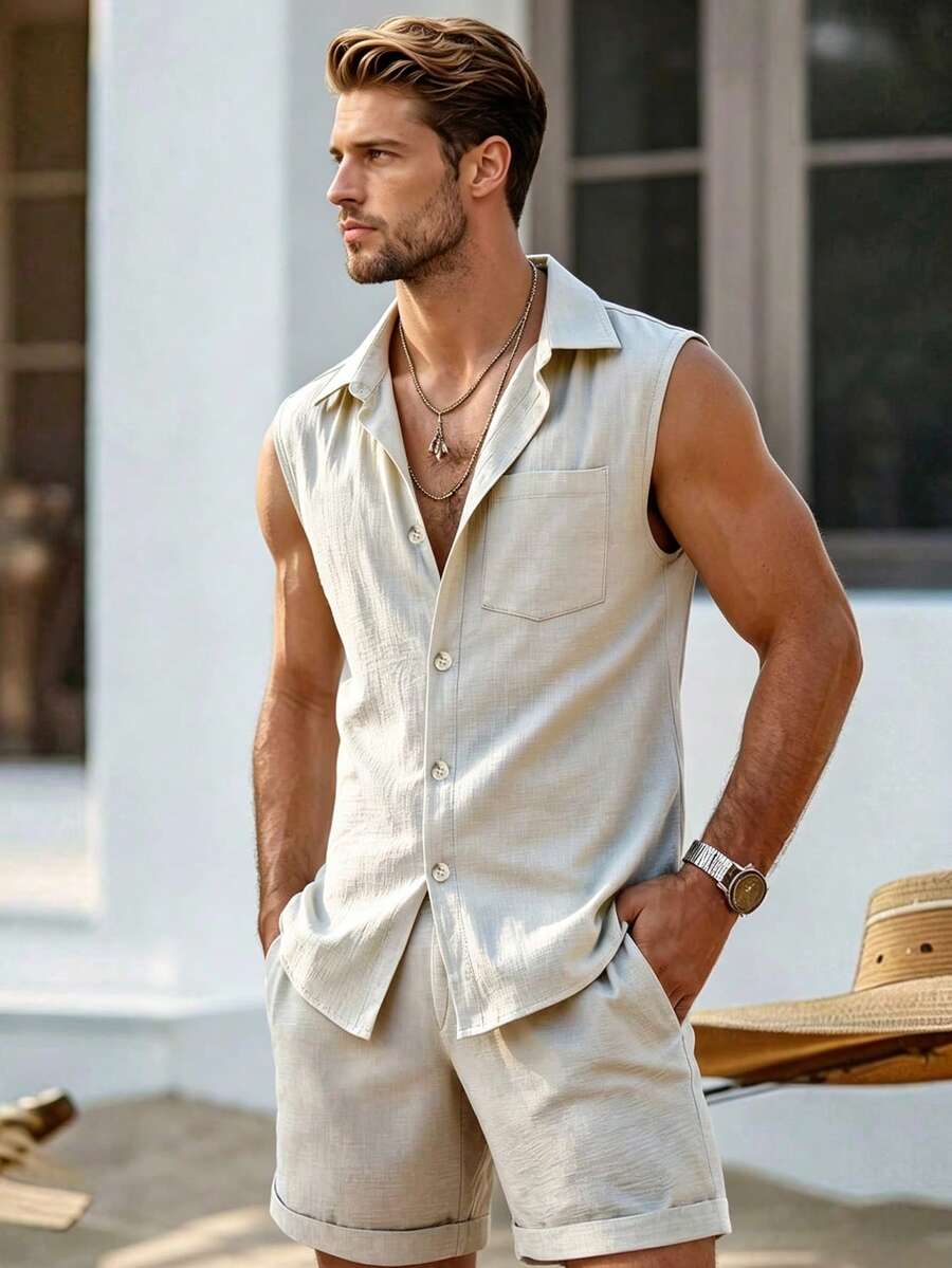 2pcs Men's Casual Sleeveless Collared Top And Shorts Set, Suitable For Vacation, Beach, Daily Casual Wear, Summer - Grey - View 1