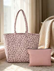 Pink Leopard-Print Tote Bag With Matching Cosmetic Pouch And High-Capacity Shoulder Shopping Bag;Suitable For Shopping, Trips.For Teachers' Day,Partie - Multicolor - View 8