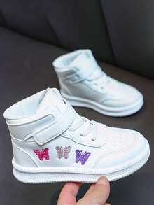 High-Top White Sneakers Cute Embroidery Hook And Loop Strap Soft Sole Anti-Slip Kids Casual Sports Shoes - White - View 9