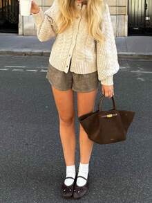 Vivid Style Beige Cable Knit Cardigan Women Crewneck Button Up Crop Loose Sweater Drop Shoulder Lantern Long Sleeve Cozy Knitted Jumper Coat - Camel - View 4