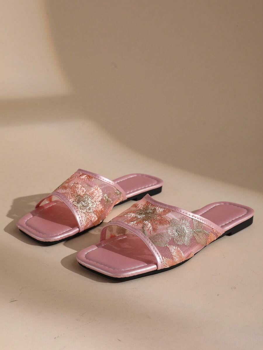 French Floral Mesh Square Toe Slide Sandals For Women, Summer Outdoor Flat Fairy Style Vacation Slippers - Pink - View 1