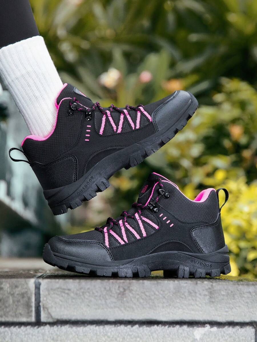 1 Pasang Sepatu Bot Hiking Mid-Top Bertali Bahan TPR (Karet Termoplastik) Motif Paisley Blok Warna Patchwork untuk Olahraga Luar Ruangan, Cocok untuk Semua Musim - Mawar Hitam Merah - View 1