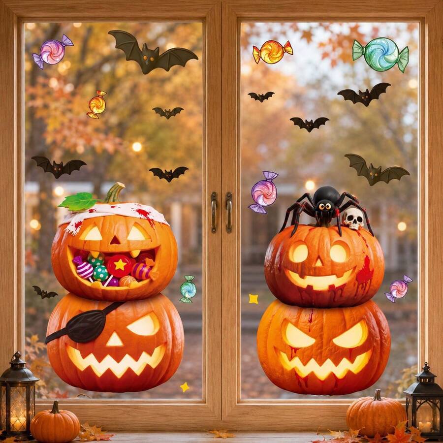 Halloween Pumpkin Lantern Set Ghost Party Atmosphere Decoration Pumpkin Head Glass Sticker, Holiday And Party Decoration Sticker, Glass Window Sticker - A - View 1