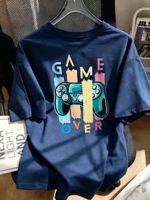 تي شيرت فضفاض للأولاد بنمط "GAME OVER" ووحدة تحكم الألعاب، توب صيفي بأسلوب الشارع للأطفال اللاعبين - أزرق بحري - مشاهدة 1