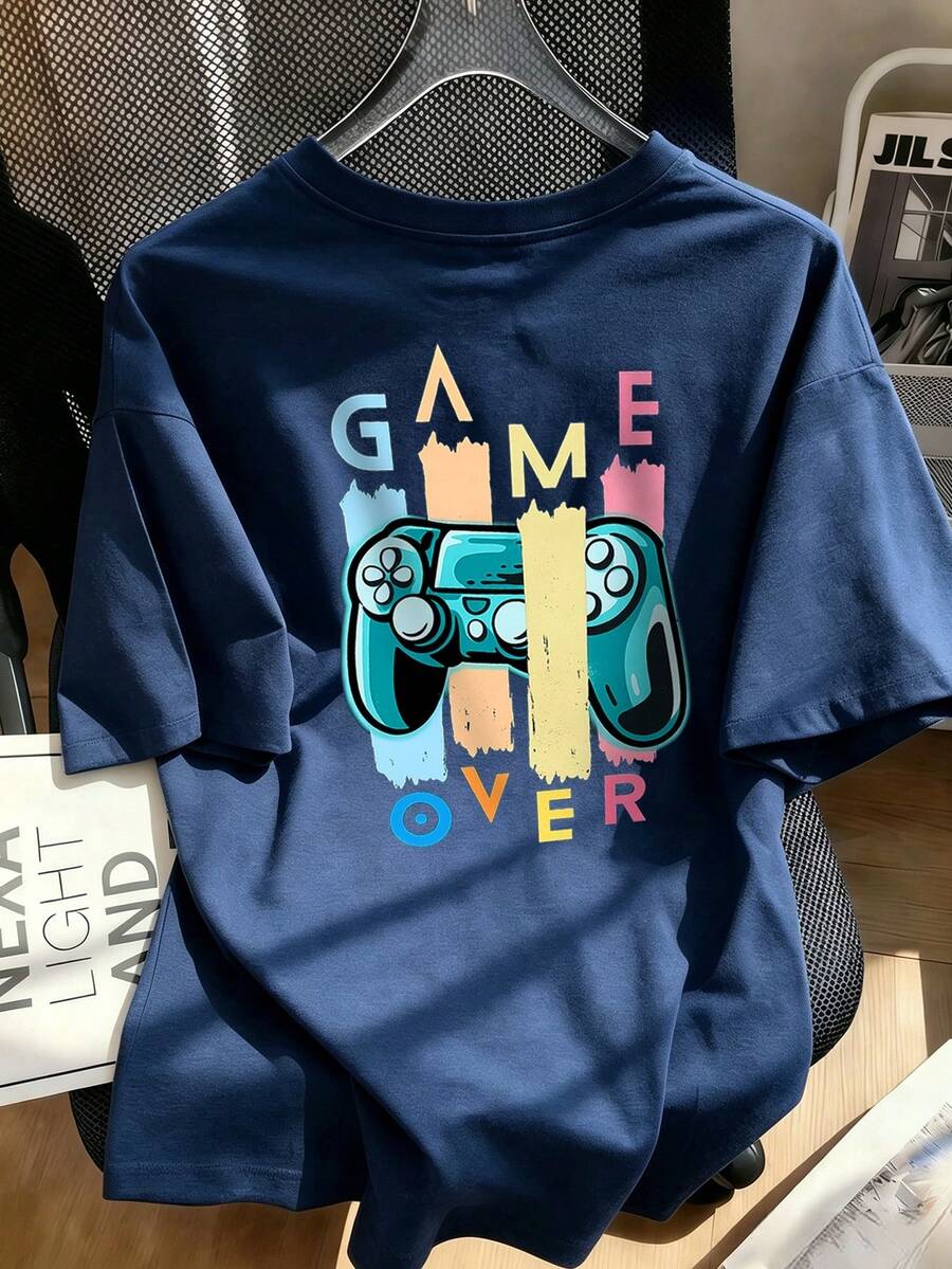 تي شيرت فضفاض للأولاد بنمط "GAME OVER" ووحدة تحكم الألعاب، توب صيفي بأسلوب الشارع للأطفال اللاعبين - أزرق بحري - مشاهدة 1