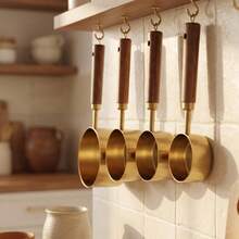 Multi-Piece Set Wooden Handle Stainless Steel Gold-Plated Measuring Cups And Spoons - Brown - View 4