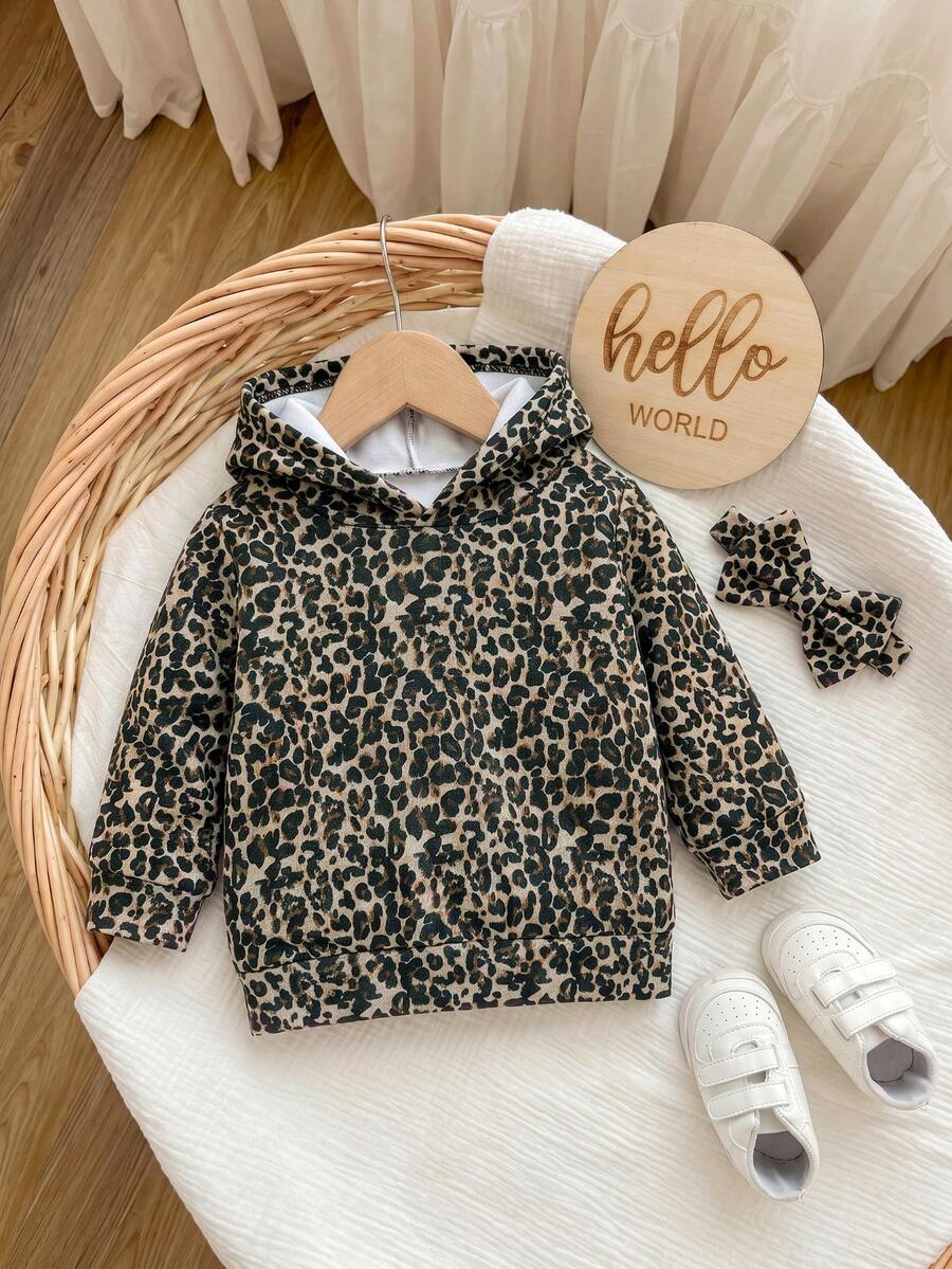 Babyflicka leopardmönstrad hoodie, söt och bekväm ytterklädsel & innerlager, mångsidig topp för höst/vinter - Brun - Visa 1