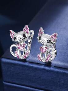 1 Pair Creative Cat Shaped Copper Material Zirconia Inlaid Women's Earrings, Daily Commute, Party, Gathering Accessories - Earrings - View 12