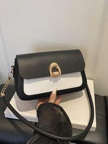 柔軟PU金屬扣裝飾復古貝殼法棍包 女款單肩包 新款女式小手提方包 - 黑色 - 查看 3