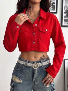 Women's Red Cropped Denim Jacket Vintage Style Long Sleeve Bomber With Collar Casual Fall Outerwear - Red - View 4
