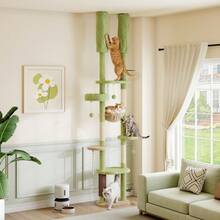 Cat Tree, Height Adjustable From **" To **", Multi-Functional Cat Climbing Tower, With Cat Hammock, Scratching Posts, Dangling Balls, Climbing Platforms, Rubbing Post, Feeding Area, Green - Green - View 2
