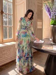 Elegant Women's New Floral Long Sleeve Multi-Layer Patchwork Design All-Season Full Skirt Dress - Multicolor - View 4