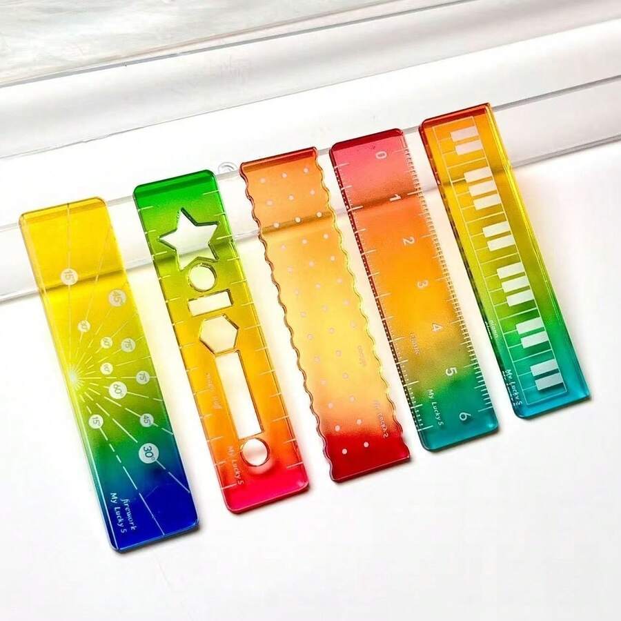Mini règle multifonction de paume pour étudiant, règle de cahier, règle droite compacte transparente ondulée colorée avec rapporteur - Multicolore - Voir 1